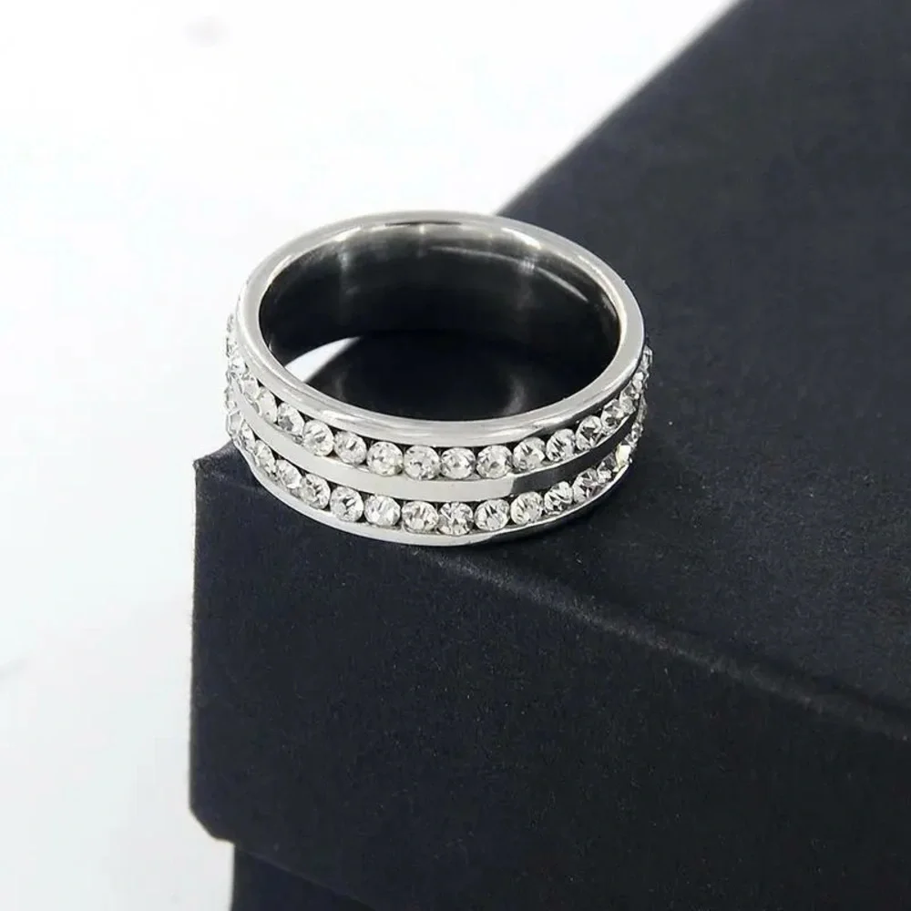 Men's Crystal Cubic Zirconia Double Row Stainless Steel Ring Size 10 New